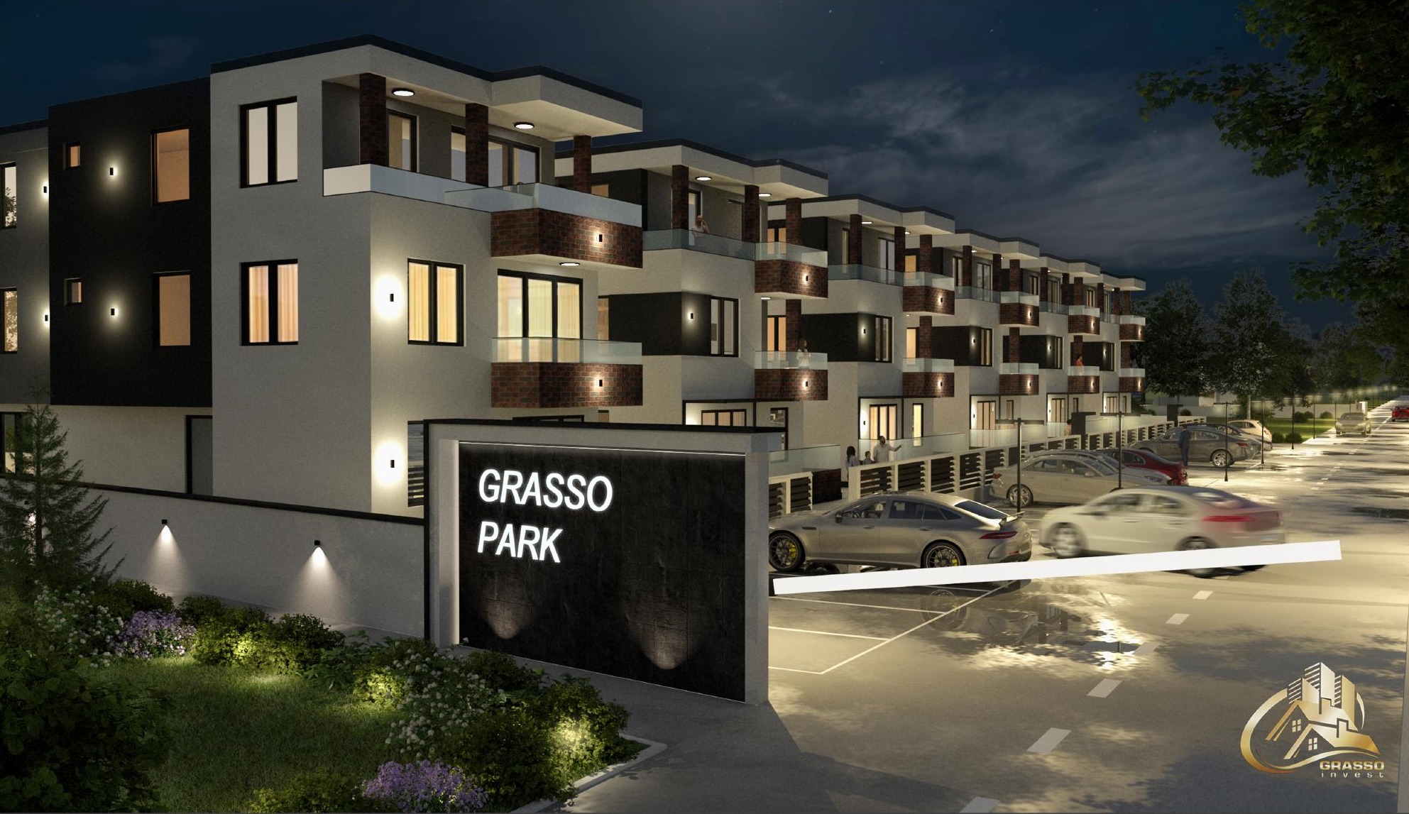 Grasso Park — fasada noću